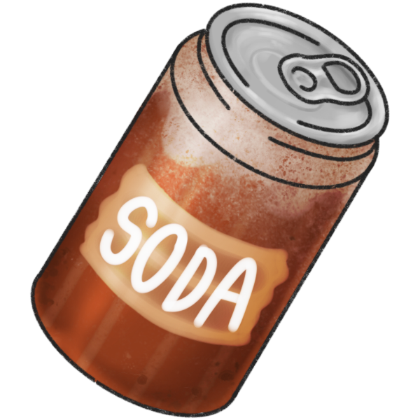 a brown soda can designed like a brown barrel with soda foam spilling over the top. The label on the front of it says 'soda.'